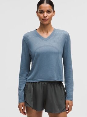 Lululemon Steel Light Blue Long-Sleeve V-Neck Performance Top Swiftly